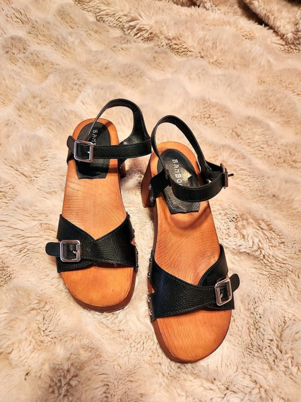 Bamboo Strappy Buckle Sandals in Black & Brown
